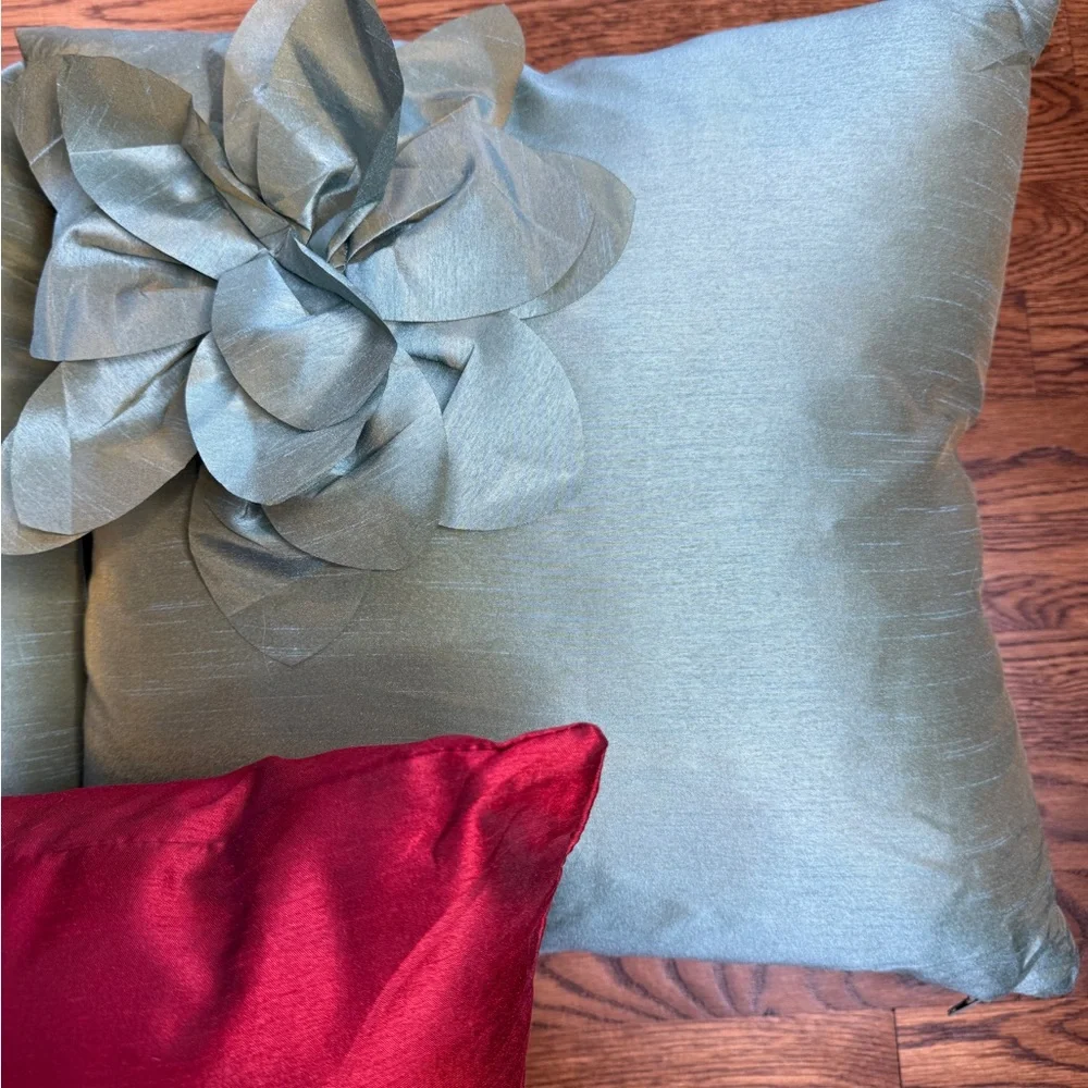 Raw Silk- Look Floral Accent Throw Pillows - Burgundy and Turquoise